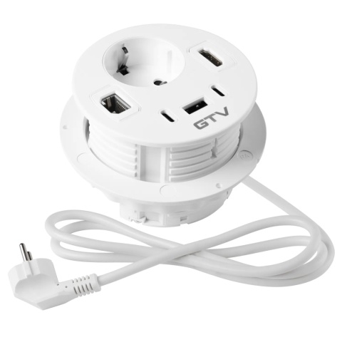 Gniazdo meblowe schuko RONDO 1xUSB A+2xUSB C, RJ45, HDMI 1,4 - białe > GTV